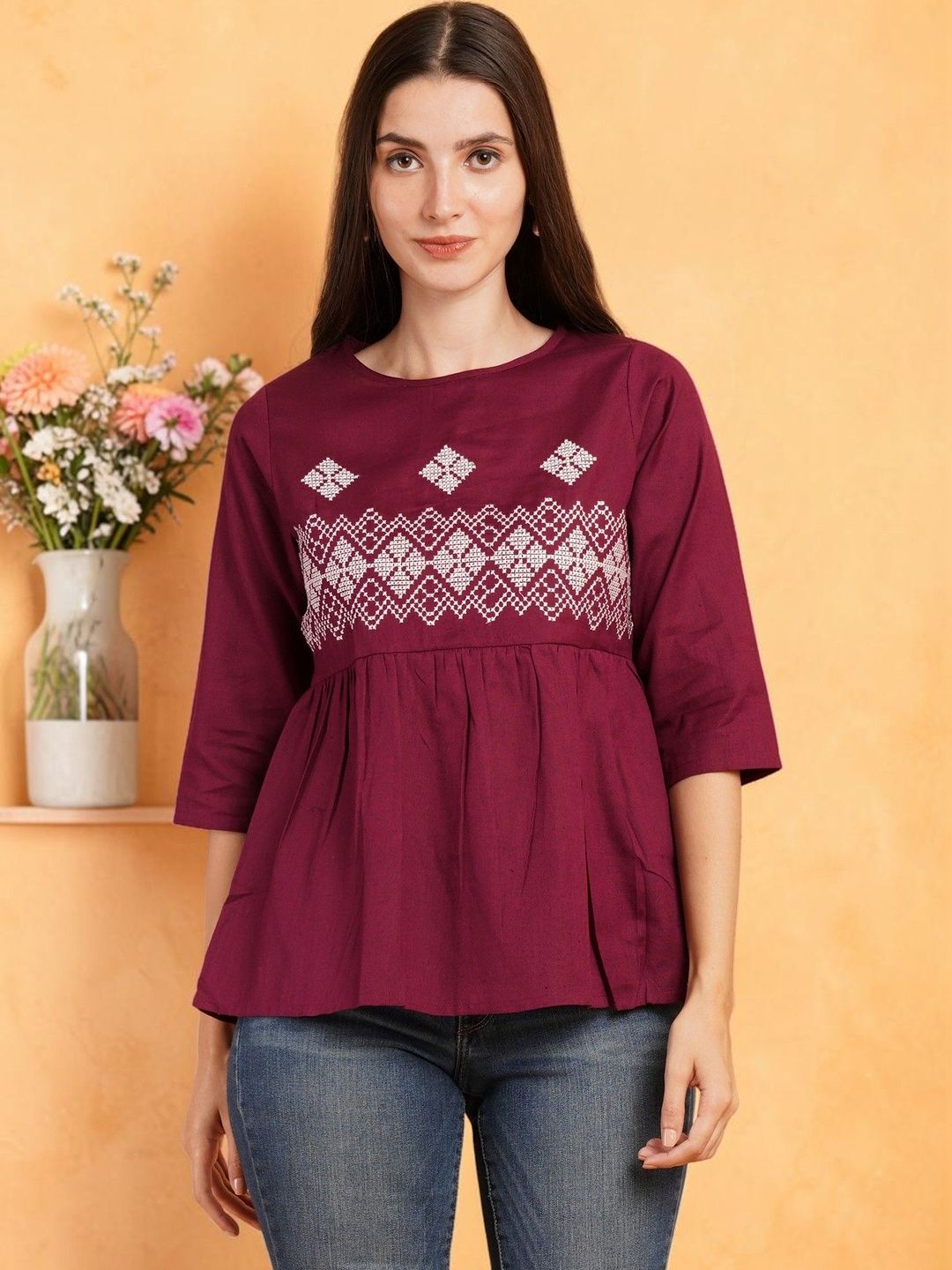 Moda Rapido x Brownverse Floral Embroidered Cotton Blend Top
