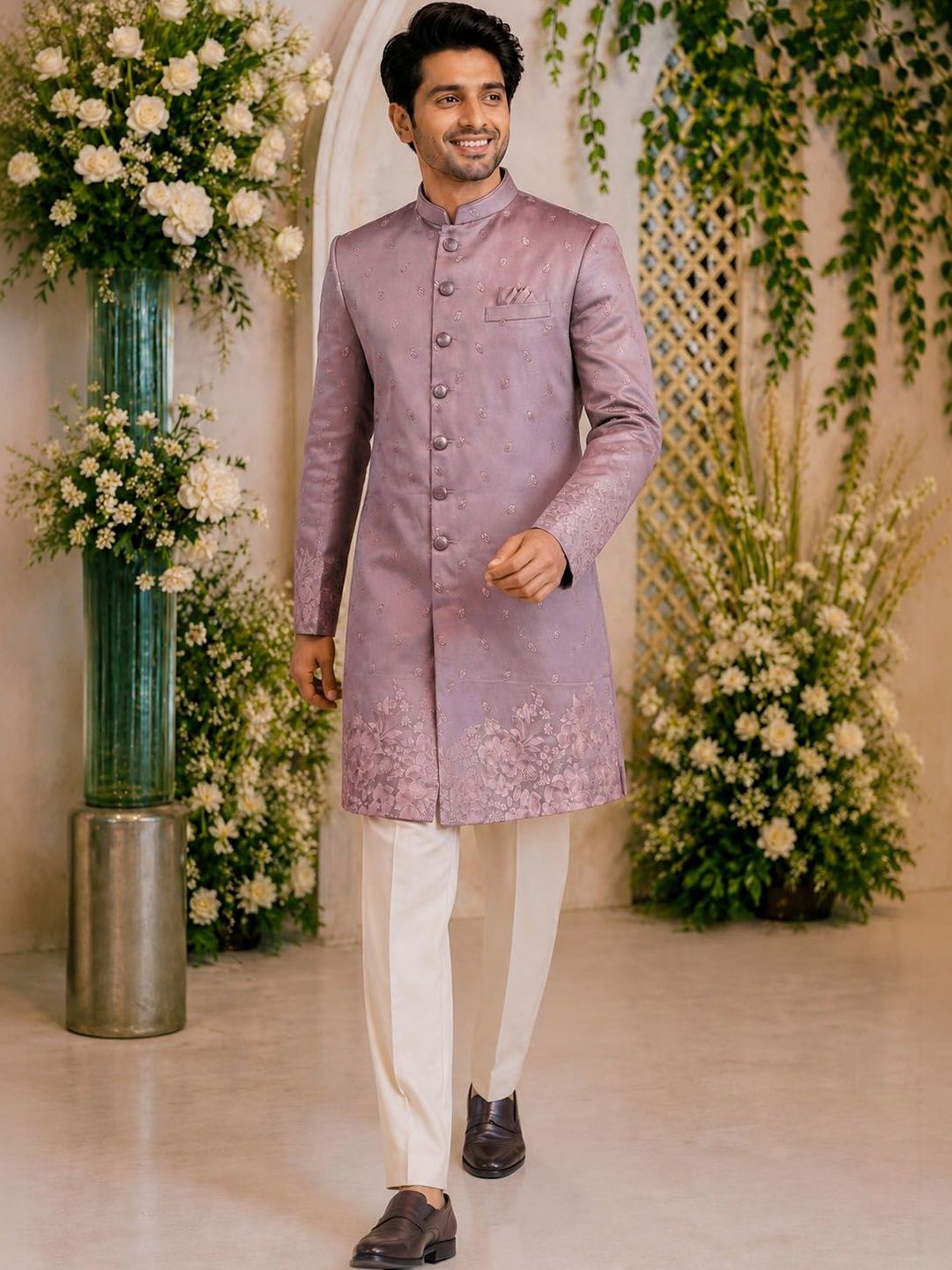 House of Pataudi Dusty Mauve Floral Jacquard Nawabi Style Indo Western Wedding Sherwani