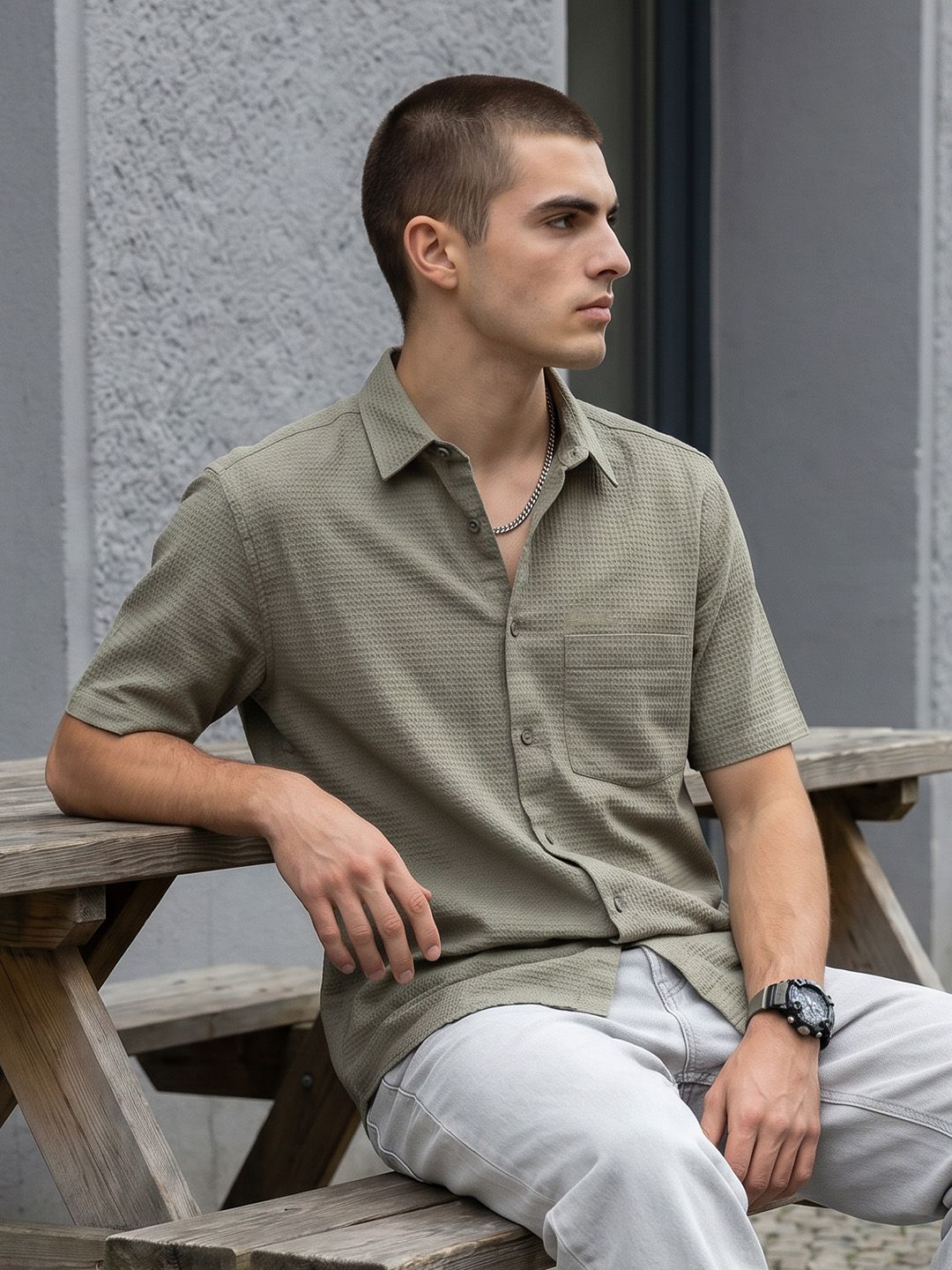 FCUK Relaxed Fit Waffle Textured Casual Shirt