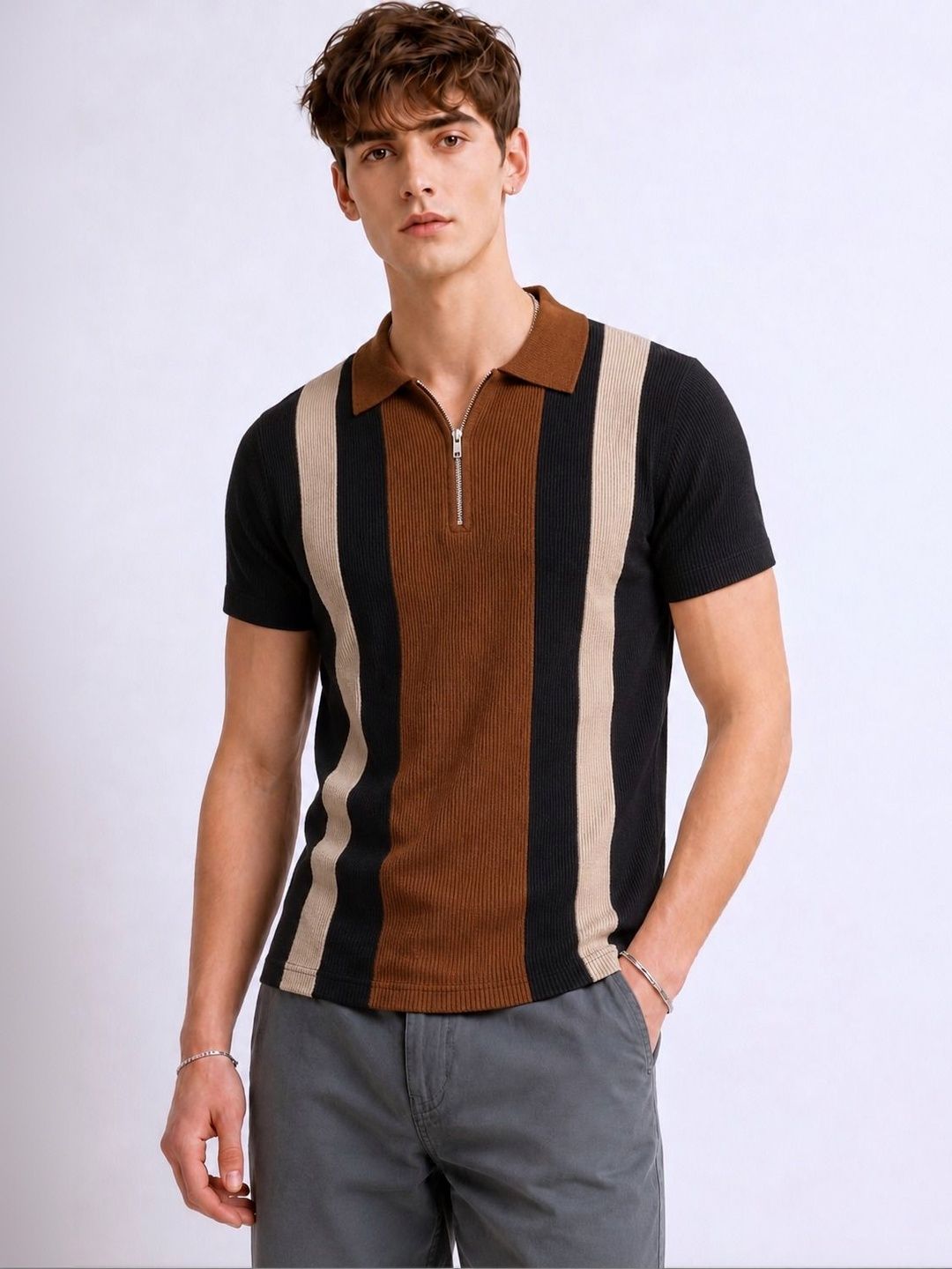 Try This Men Striped Polo Collar T-shirt
