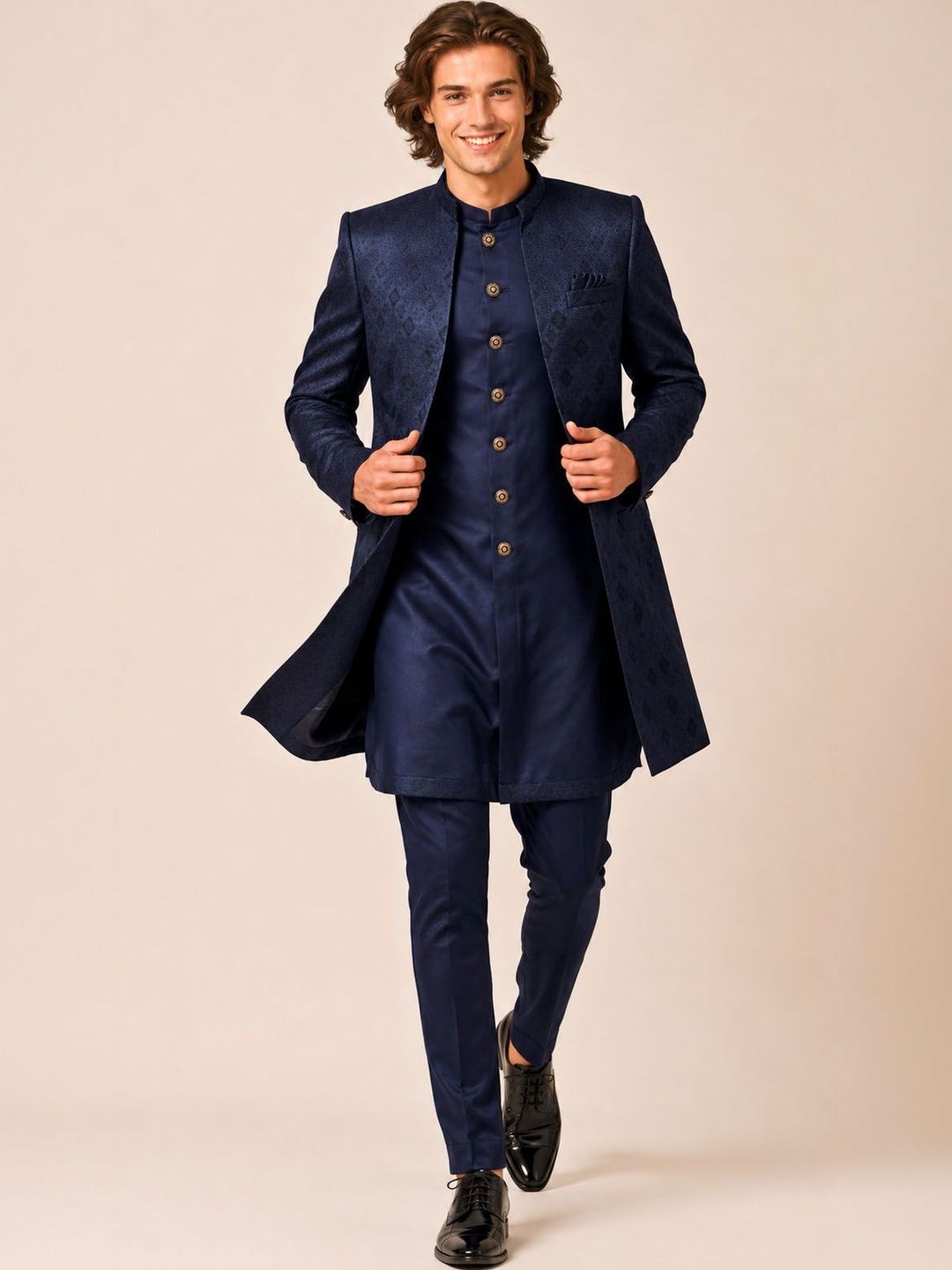 House of Pataudi Men's Navy Blue Self-Jacquard Layered Indo-Western Sherwani with Matching Trousers