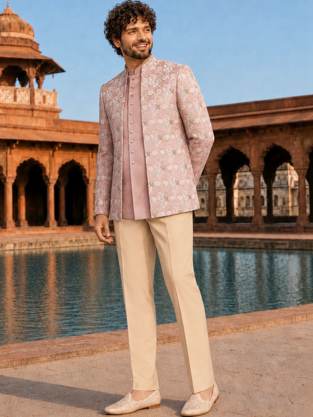 VASTRAMAY Men Pink Embroidered Front Open Jacket with Semi Jacket & Trouser