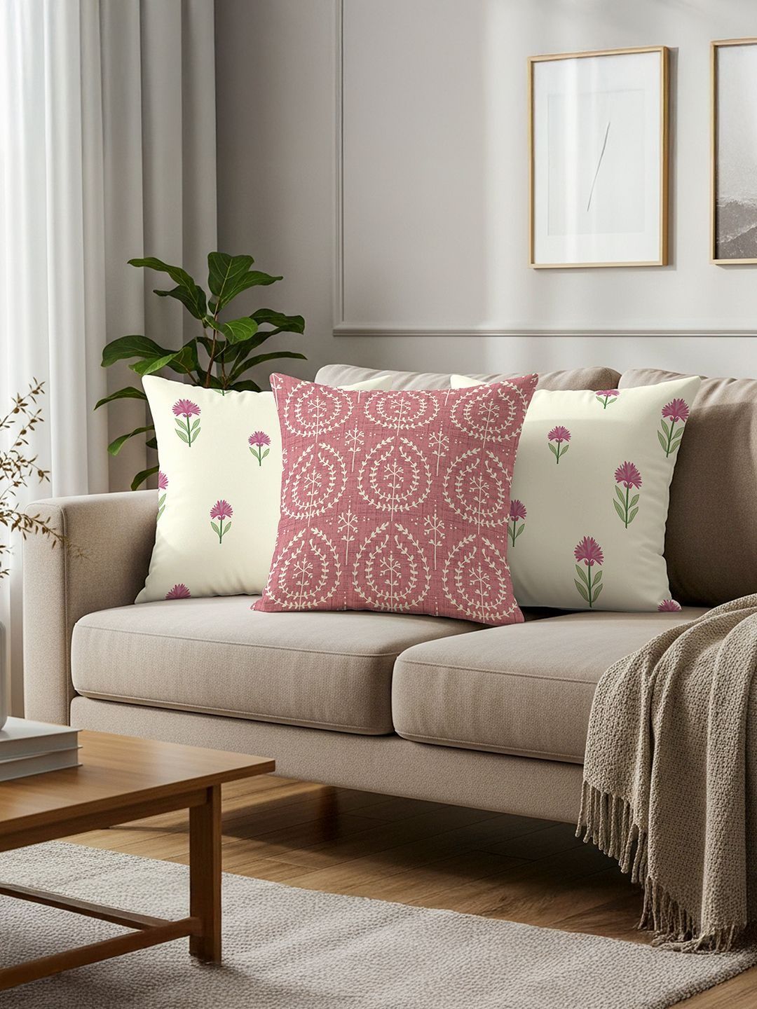 URBAN SPACE URBAN SPACE Pink & White Set of 3 Floral Square Cushion Covers