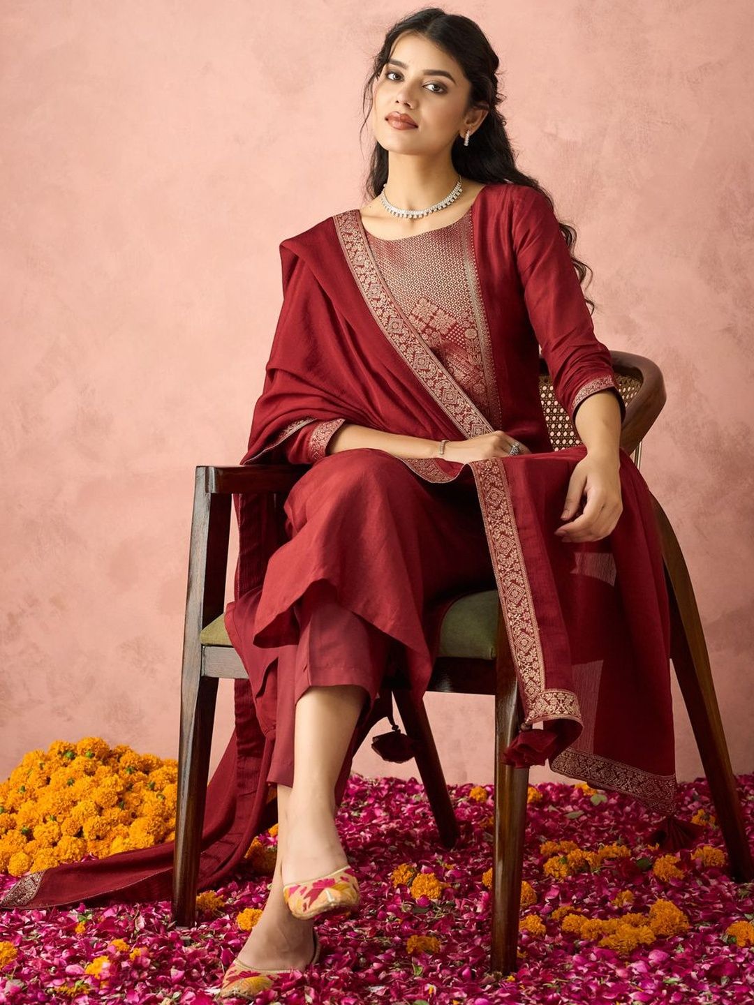 SOURAGYA Maroon Silk Blend Woven Kurta with Trousers & Dupatta
