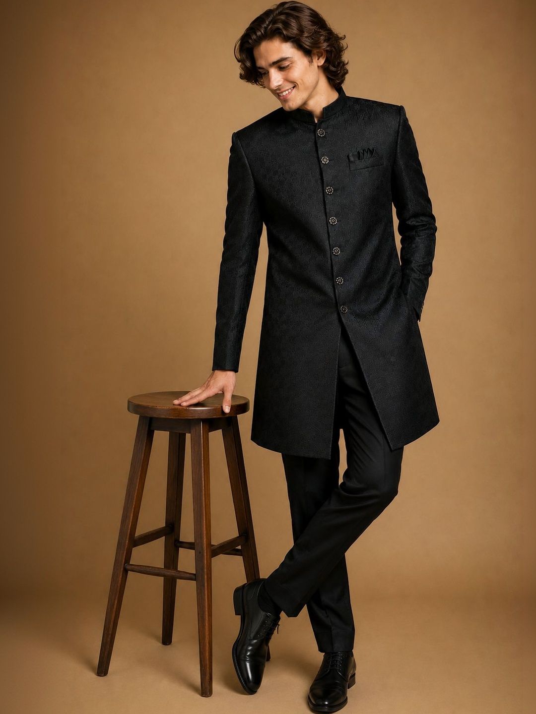 House of Pataudi Men's Black Self-Jacquard Wedding Sherwani with Matching Trousers