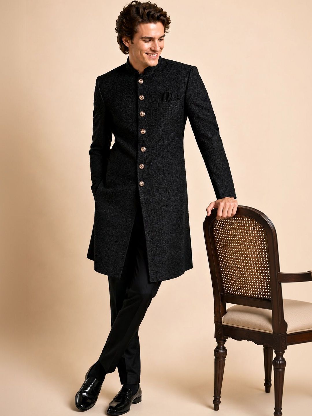 House of Pataudi Men's Black Self-Embroidered Wedding Sherwani with Matching Trousers