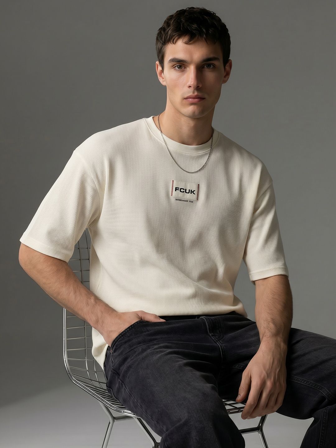 FCUK Self Design Drop-Shoulder Sleeves Pure Cotton Oversized T-shirt