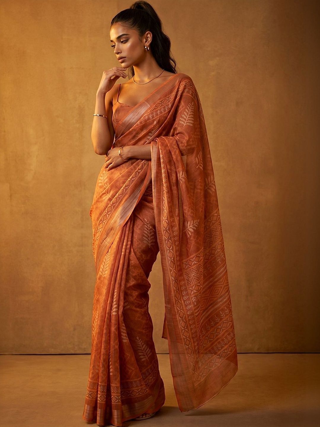 Mitera Floral Printed Zari Kanjeevaram Saree With Unstitched Blouse Piece