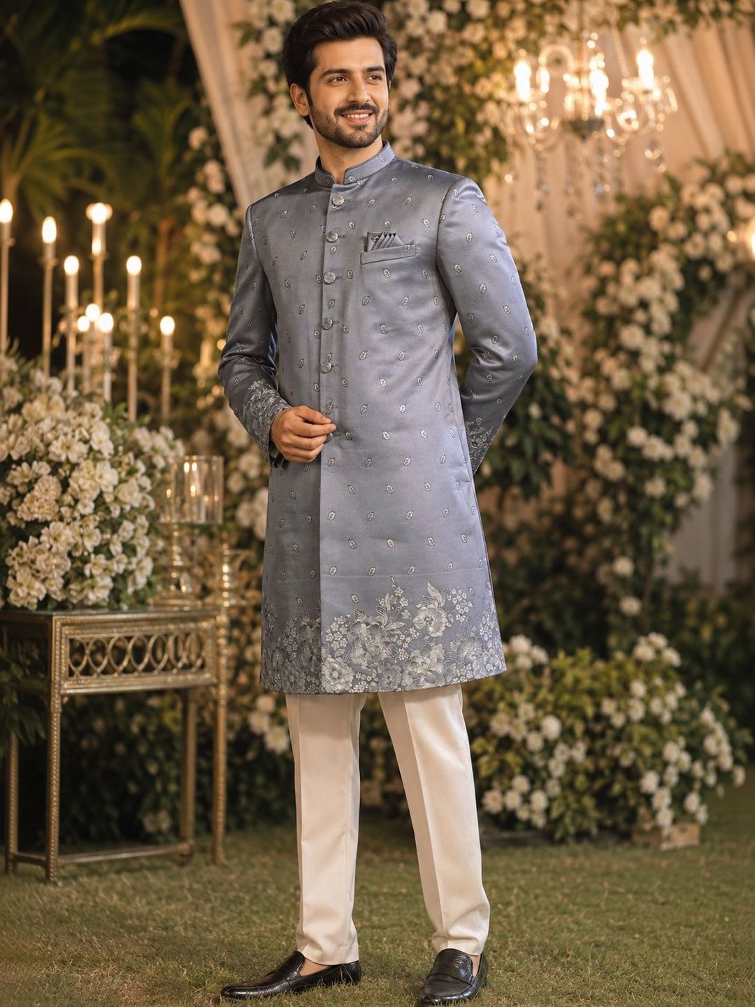 House of Pataudi Dolphin Grey Floral Jacquard Nawabi Style Indo Western Wedding Sherwani