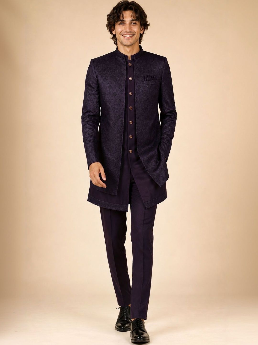 House of Pataudi Men's Deep Plum Self-Jacquard Wedding Sherwani with Matching Trousers