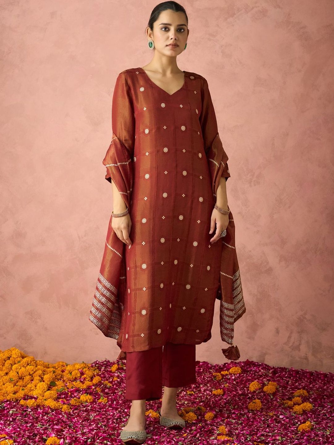 SOURAGYA Maroon Pure Silk Woven Kurta with Trousers & Dupatta