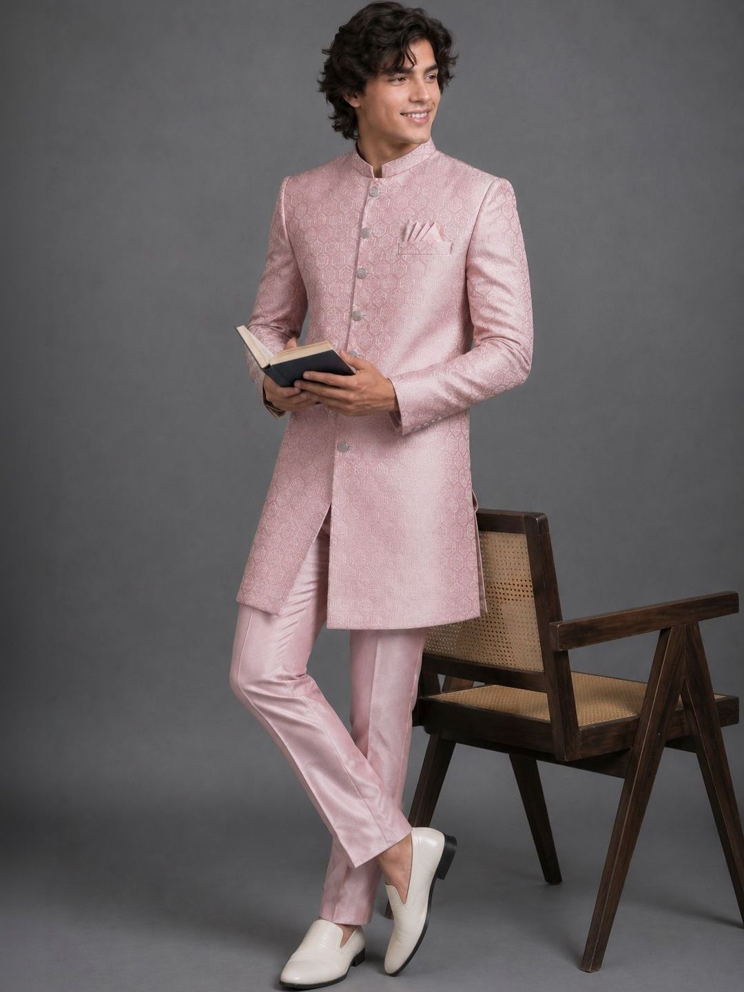 House of Pataudi Blush Pink Self-Jacquard Wedding Sherwani with Matching Trousers
