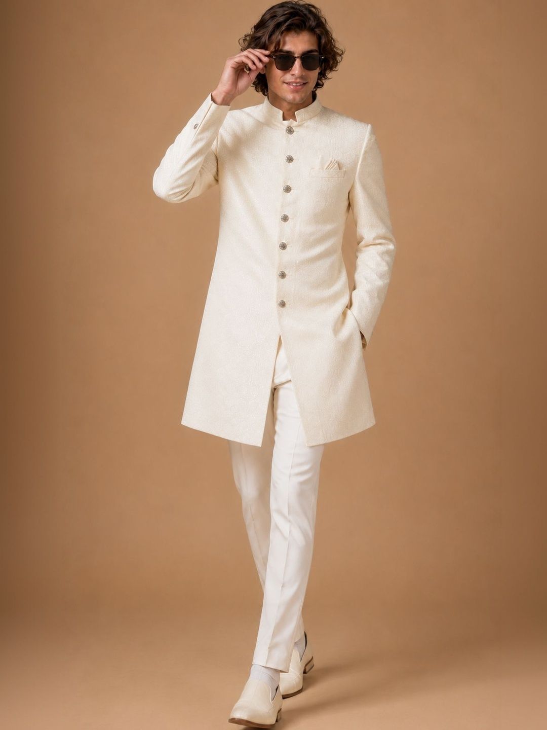 House of Pataudi Ivory White Self-Jacquard Wedding Sherwani with Trousers