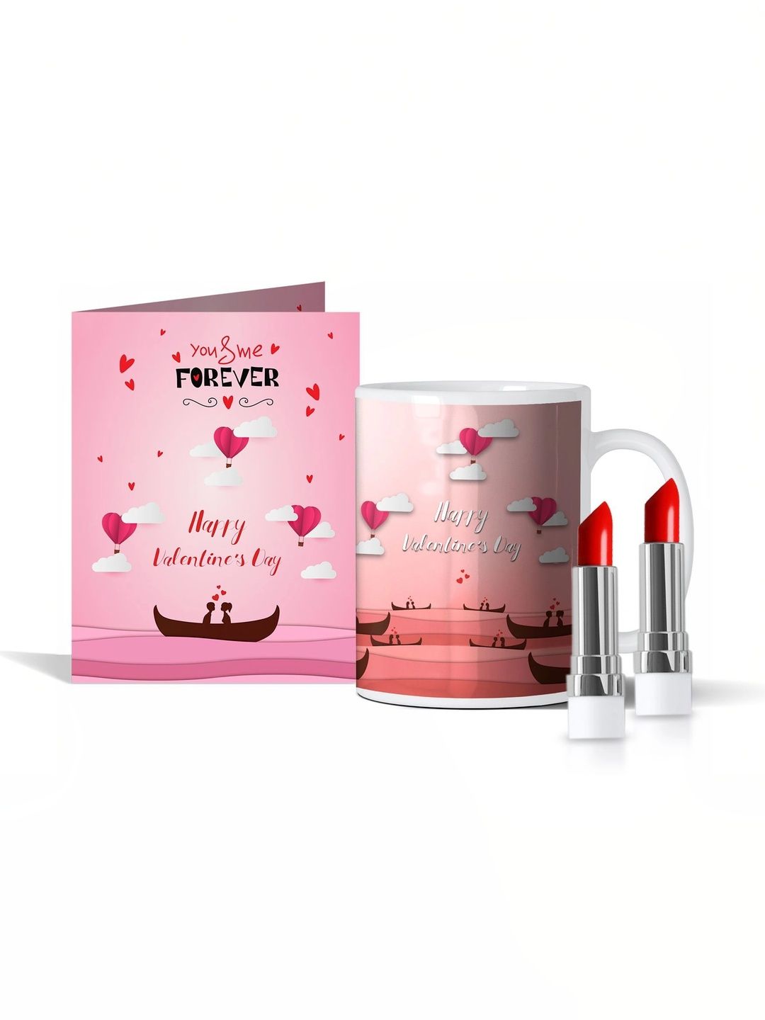 GIFT MY PASSION 4-Pcs Pink Mug Card & Lipstick Valentines Day Gift Set