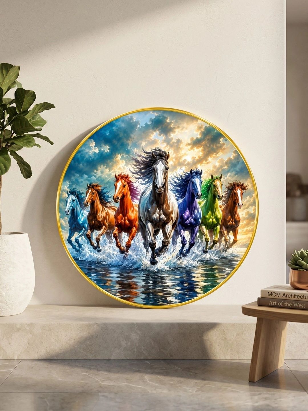 Aura Aura Blue And Orange 7 Horse Colorful Vastu Round Wall Paintings