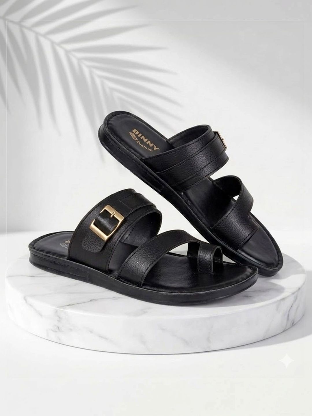 Binny Men Black Comfort Synthetic Leather Toe-Ring Sandals