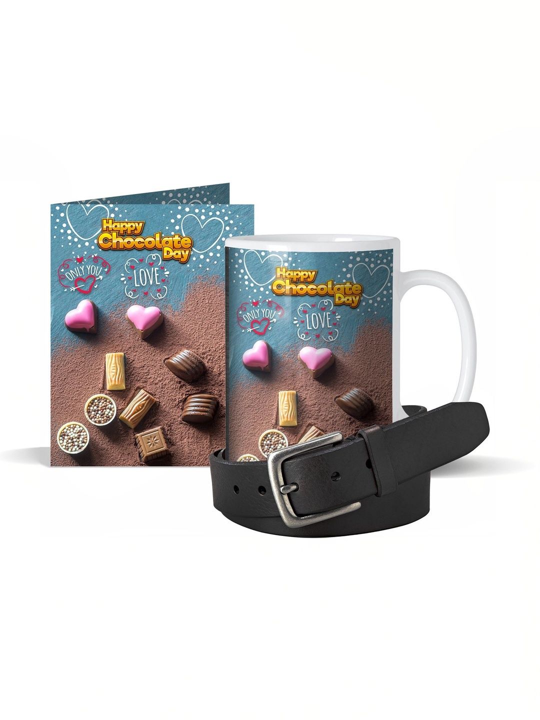 GIFT MY PASSION 3-Pcs Blue & Brown Mug Card & Belt Chocolate Day Gift Set