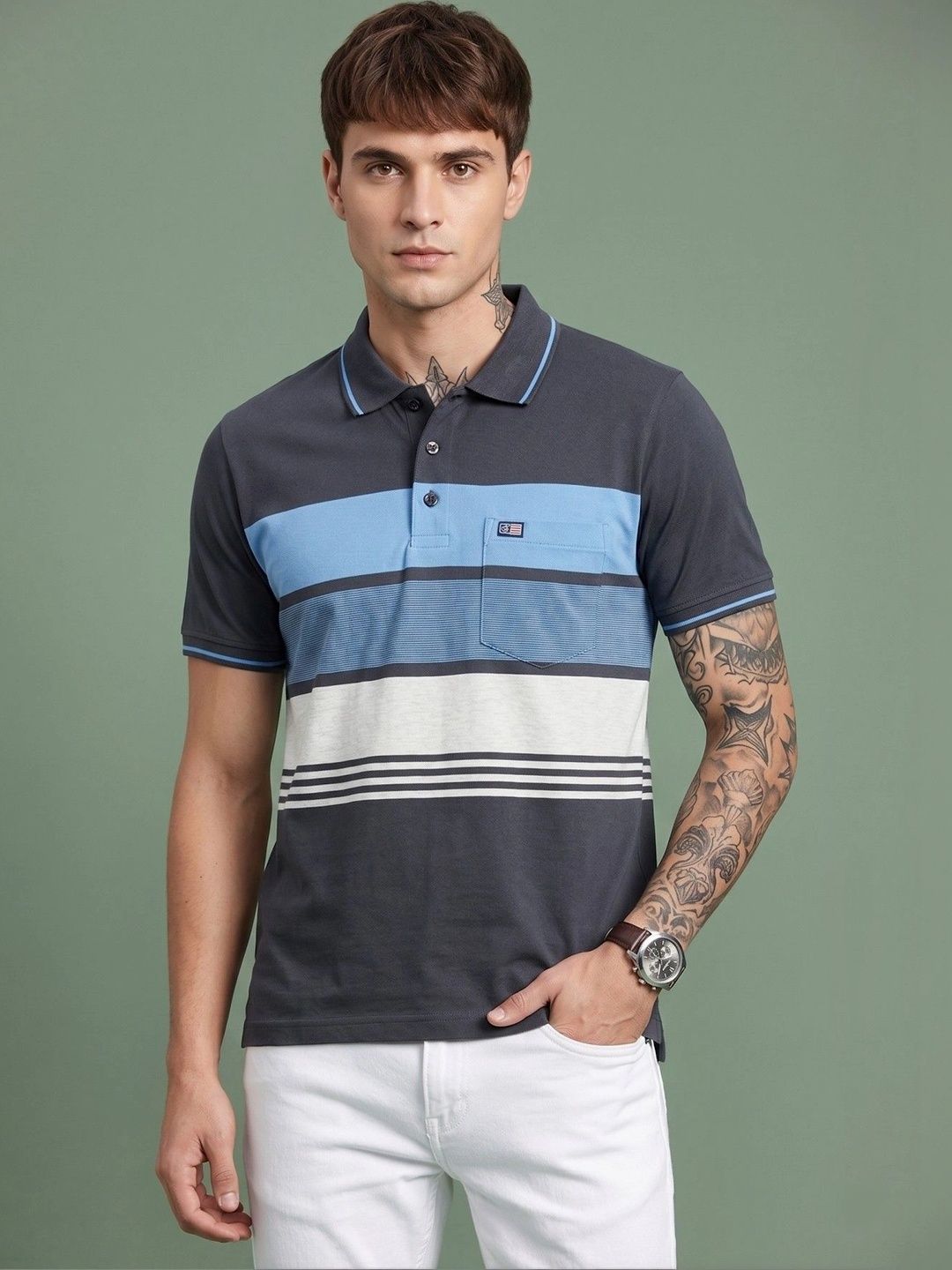 SANDPIPER Men Striped Polo Collar Pockets T-shirt