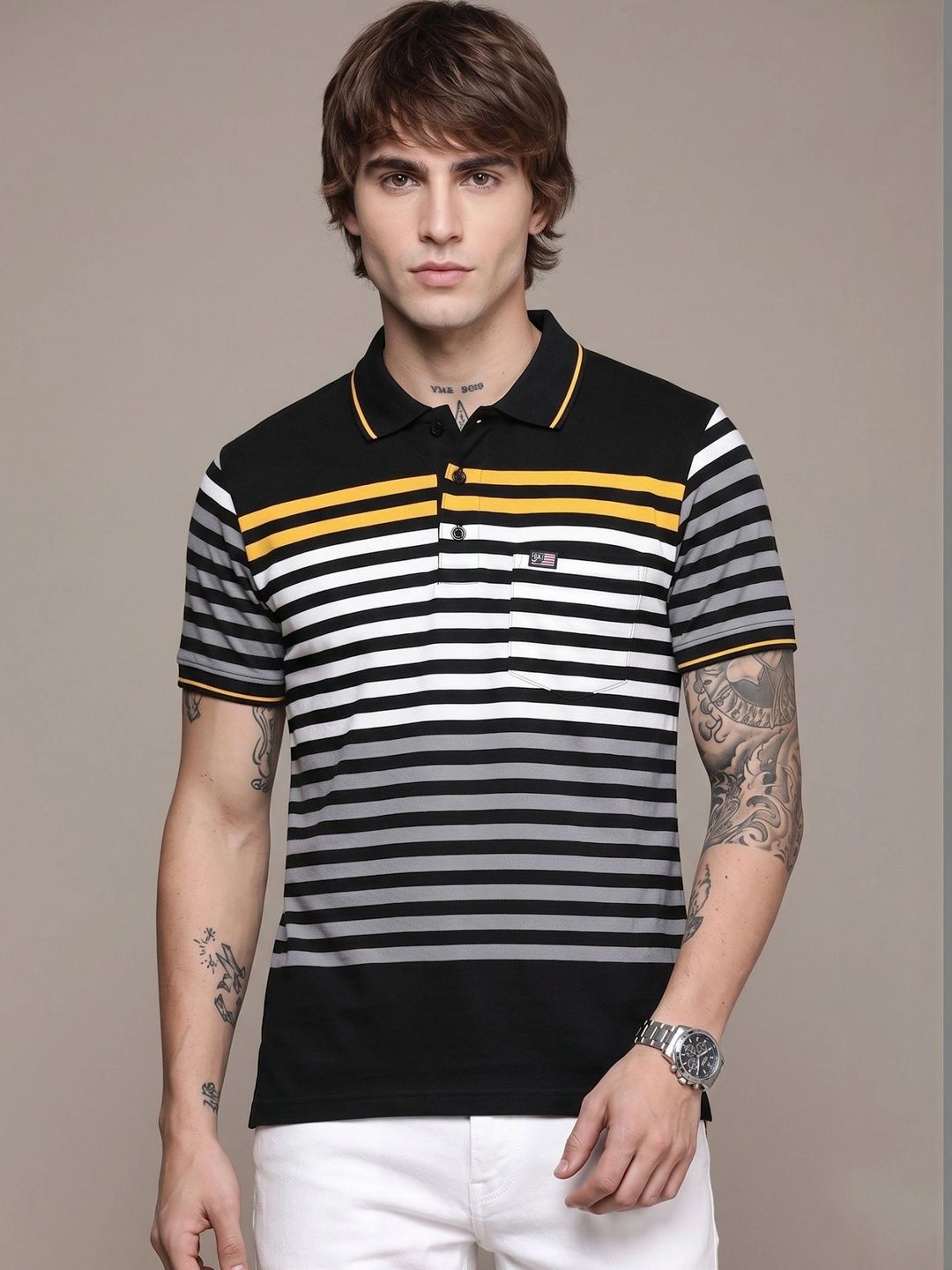 SANDPIPER SANDPIPER Men Striped Polo Collar Pockets T-shirt