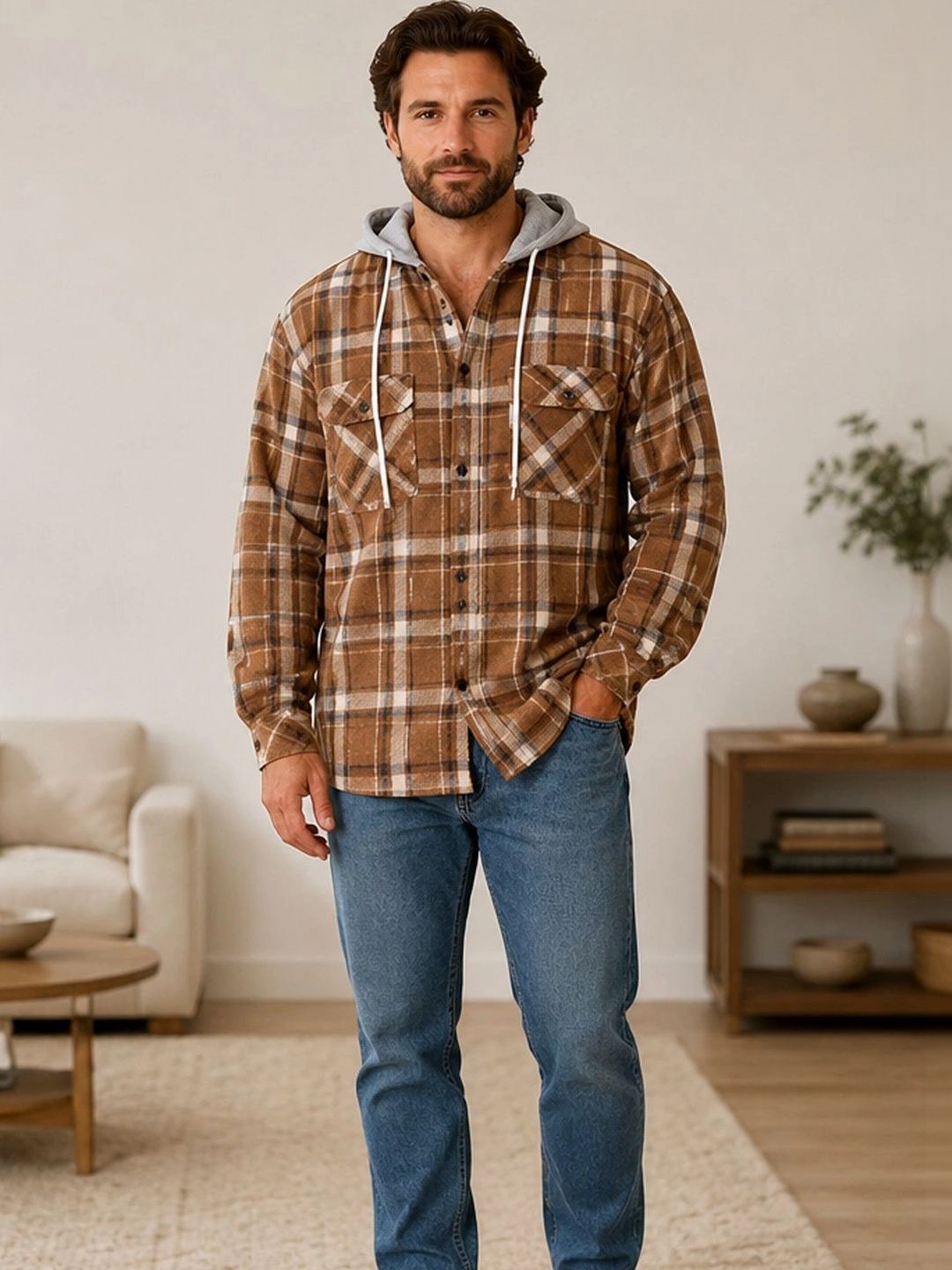 StyleCast Men Checked Open Front Hooded Jacket