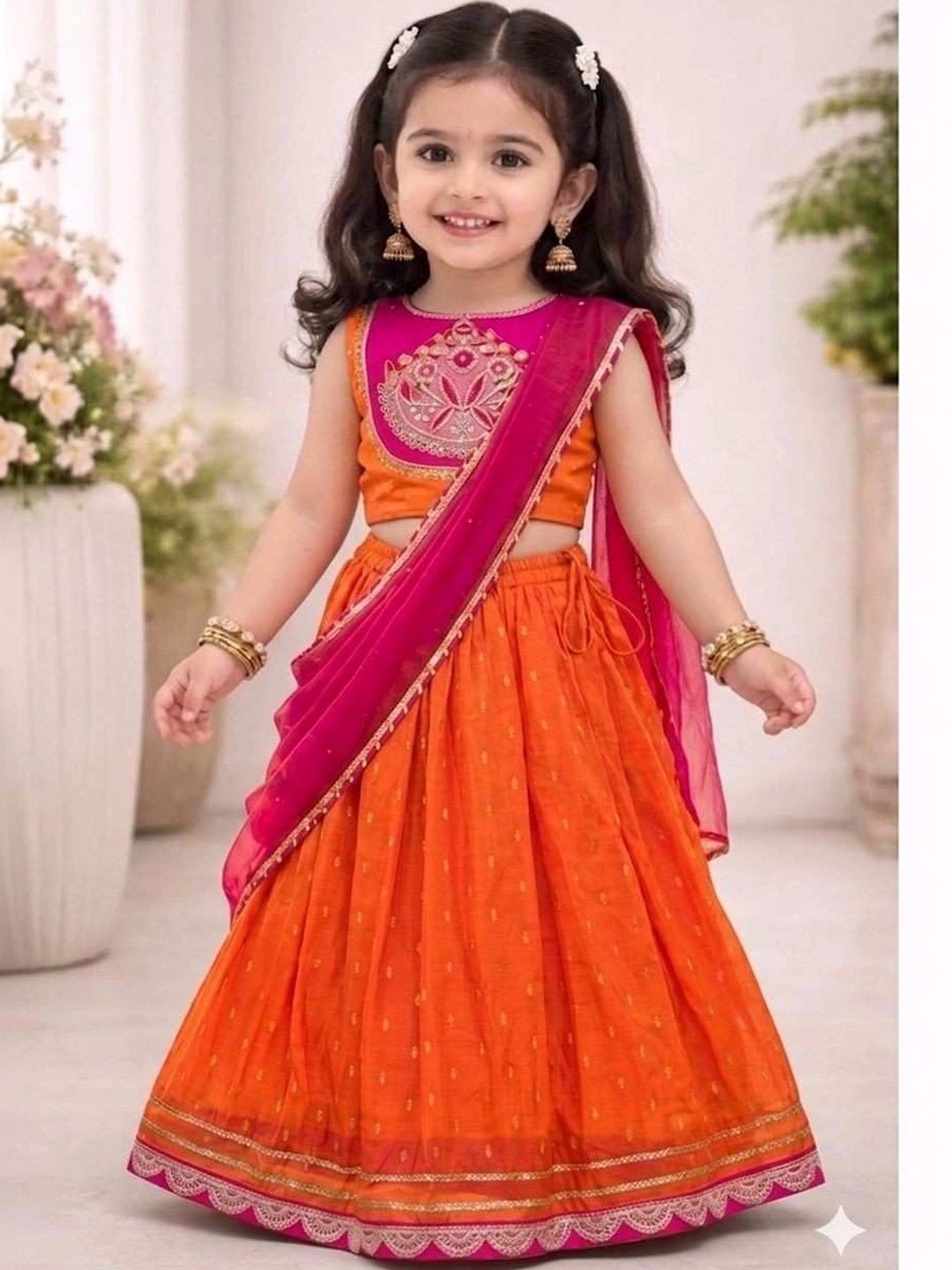 KALINI Girls Embroidered Thread Work Ready to Wear Lehenga & Blouse With Dupatta