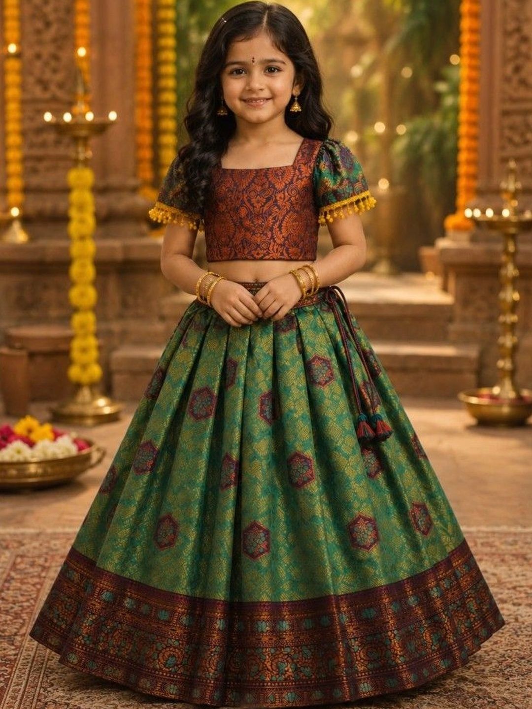 Ethzy Girls Woven Design Cotton Ready to Wear Lehenga Choli
