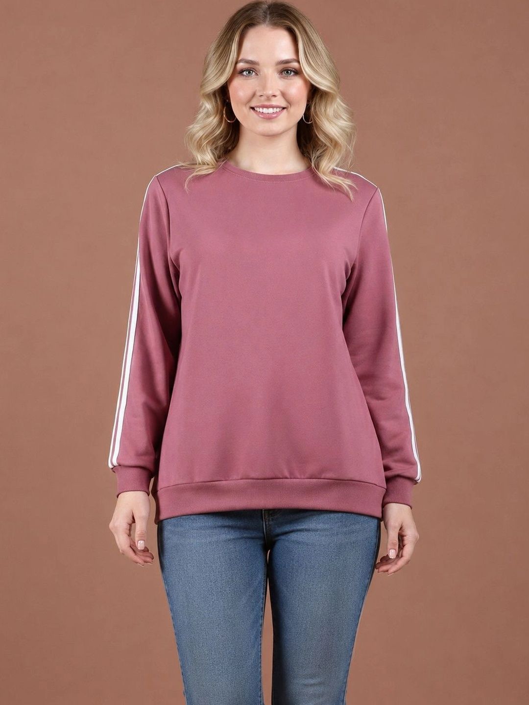 TENACITY Women Striped Round Neck Cotton Sweatshirt
