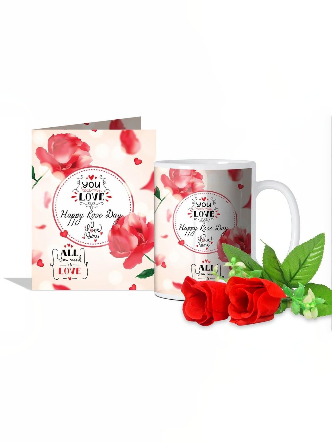 GIFT MY PASSION 4-Pcs White & Red Mug Card & Red Roses Rose Day Gift Set