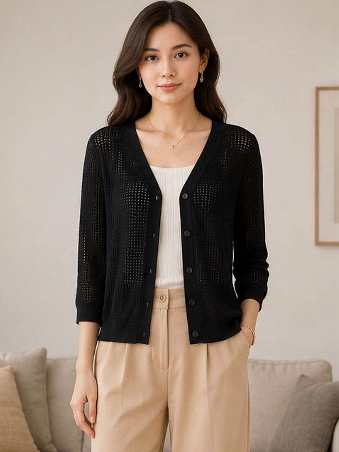 StyleCast StyleCast Self Design V-Neck Cardigan