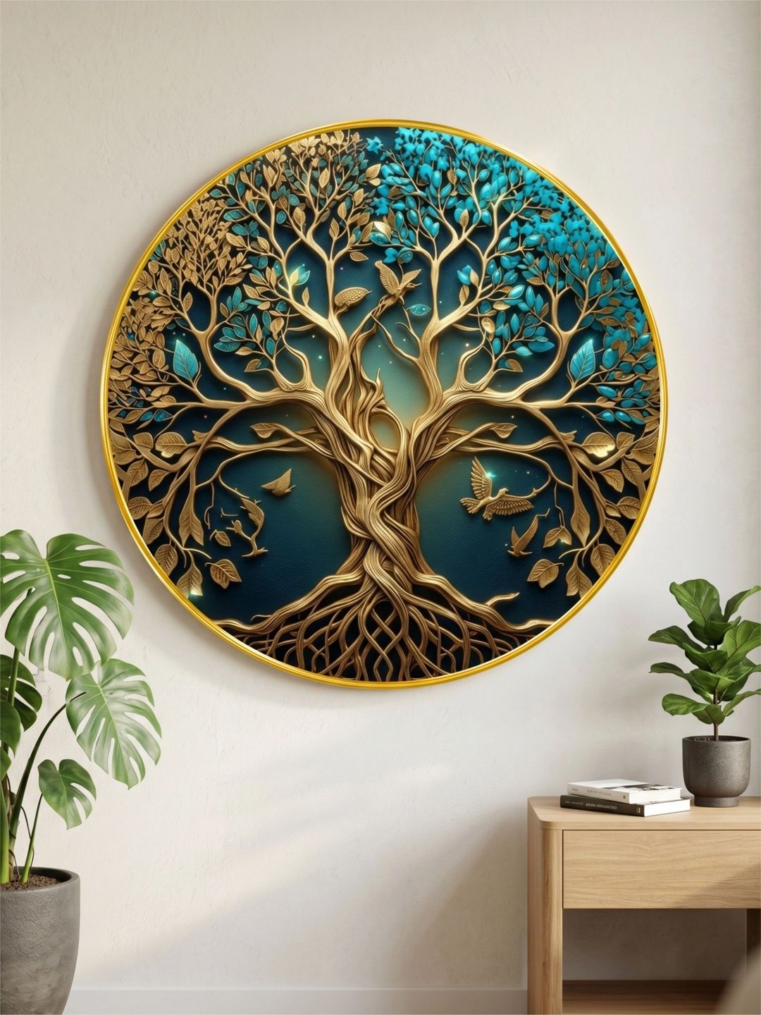 Myntra Elegant Homes Myntra Elegant Homes Blue And Yellow Tree of Life Birds Round Wall Paintings