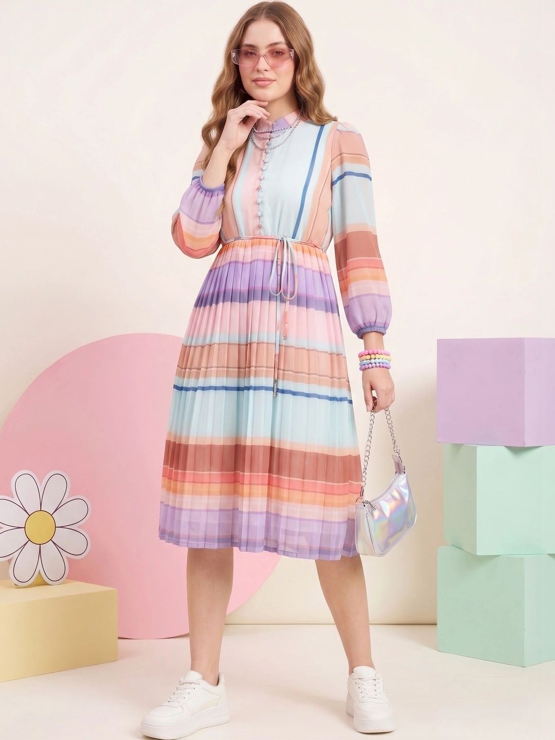 JAKANARY Striped Crepe A-Line Midi Dress