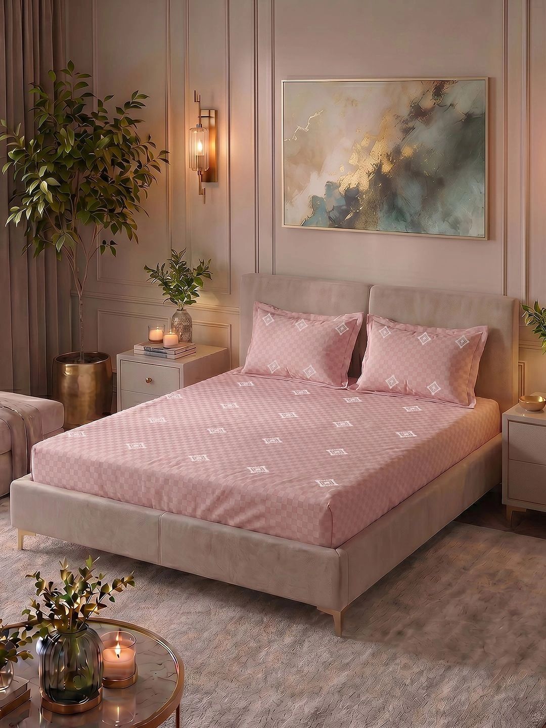 King Size Bedsheet Set URBAN SPACE Pink & White 300 TC King Bedsheet with 2 Pillow Covers