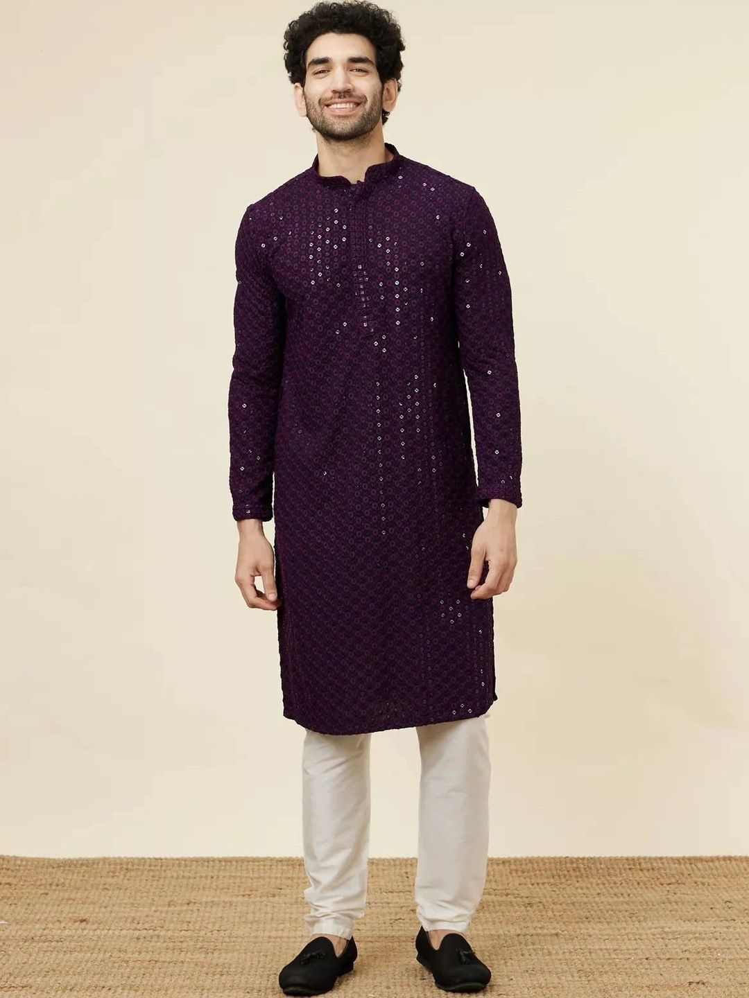 ALMORA ALMORA Men Ethnic Motifs Embroidered Regular Sequinned Kurta with Pyjamas