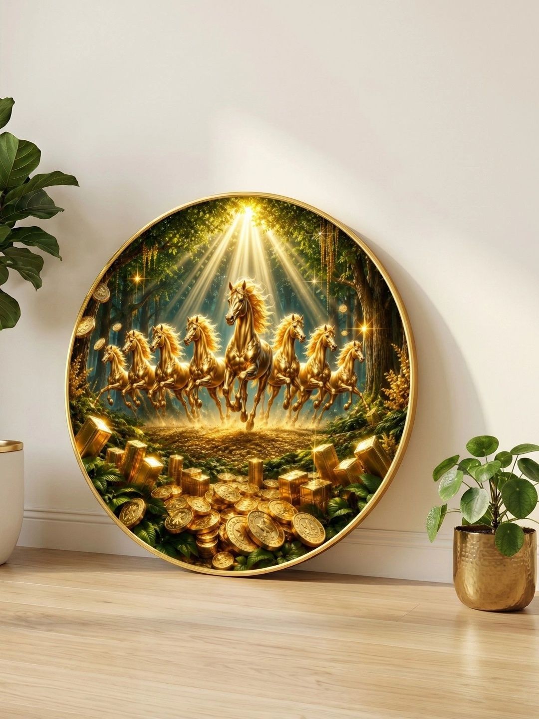 Myntra Elegant Homes Myntra Elegant Homes Golden MDF 7 Horse Vastu Wall Painting