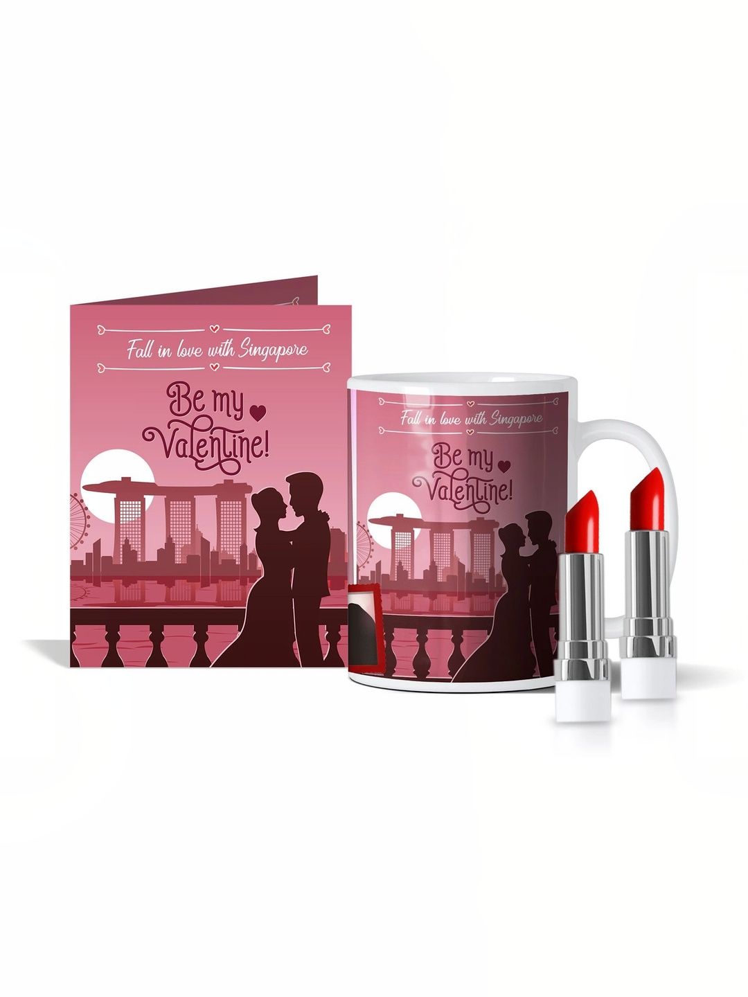 GIFT MY PASSION 4-Pcs Pink Mug Card & Lipstick Valentines Day Gift Set