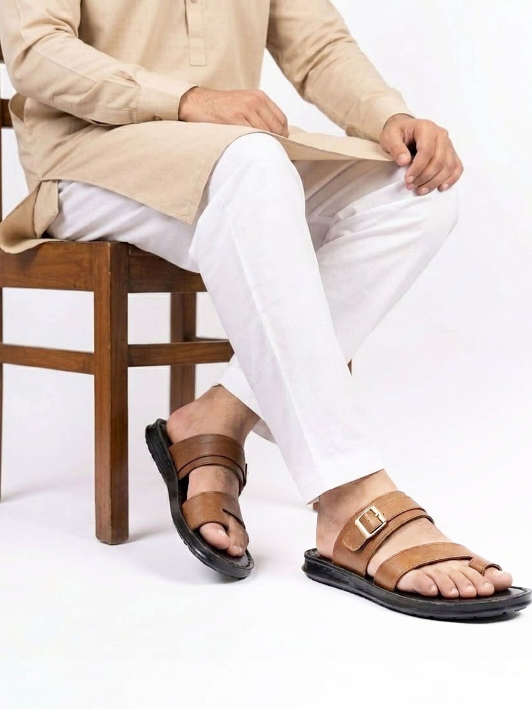 Binny Men Tan Comfort Synthetic Leather Toe-Ring Sandals