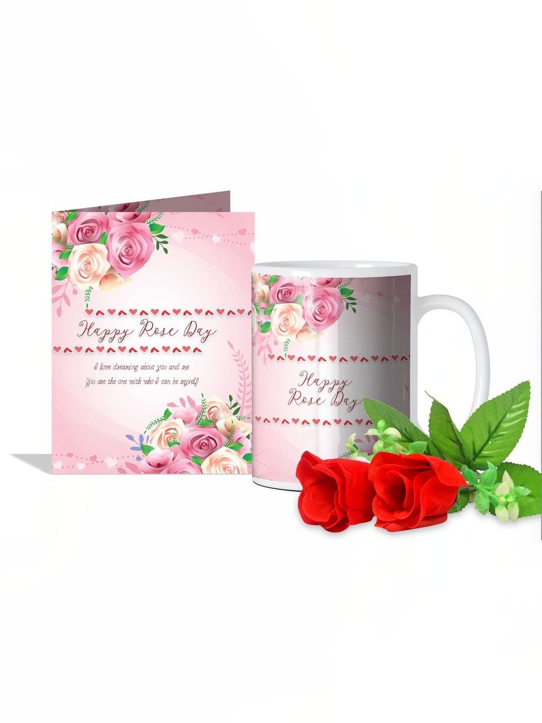 GIFT MY PASSION 4-Pcs Pink & Red Mug Card & Red Roses Rose Day Gift Set