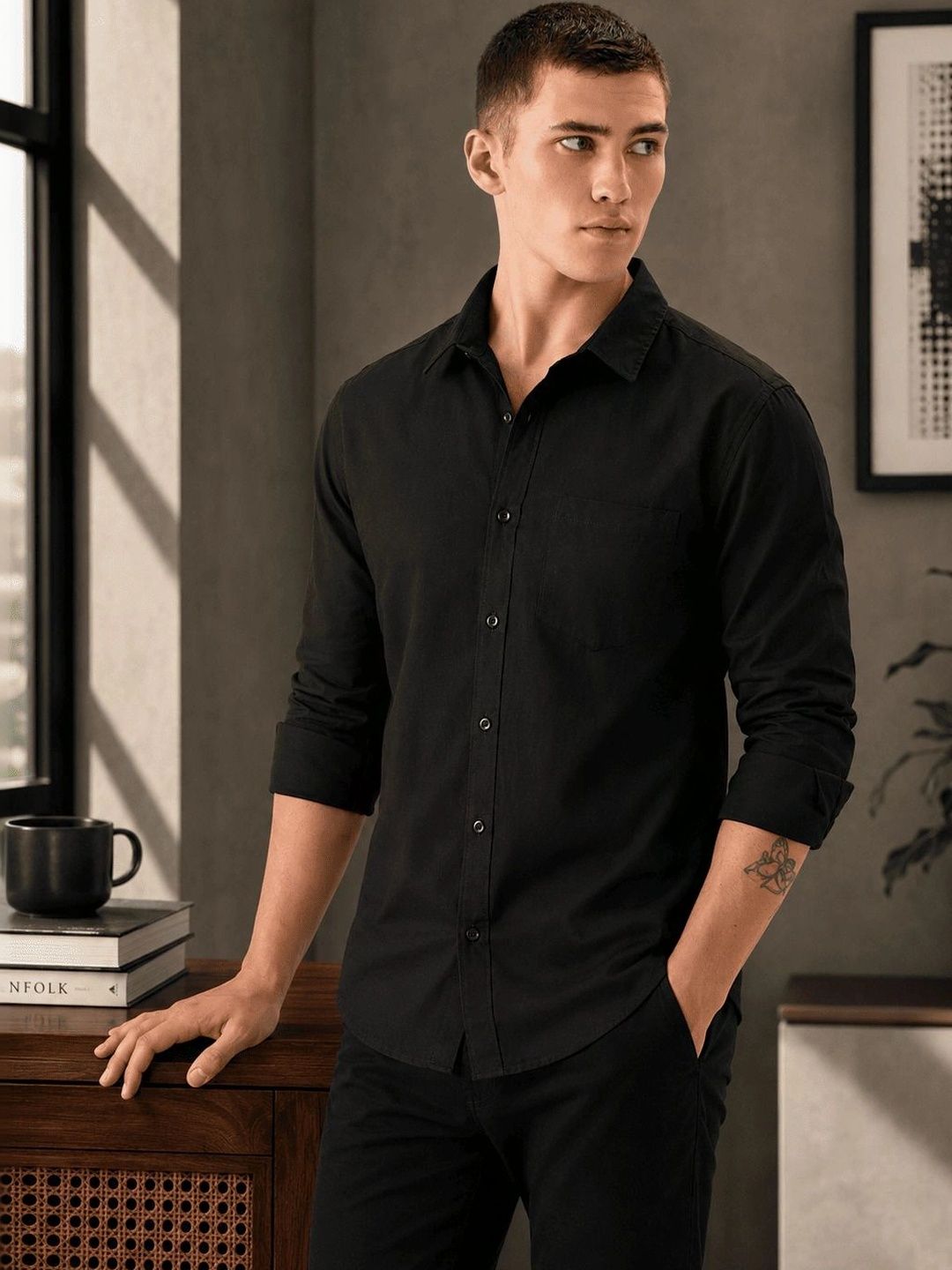 AGNIVAR COLLECTION Men Comfort Spread Collar Roll-Up Sleeves Slim Fit Cotton Shirt