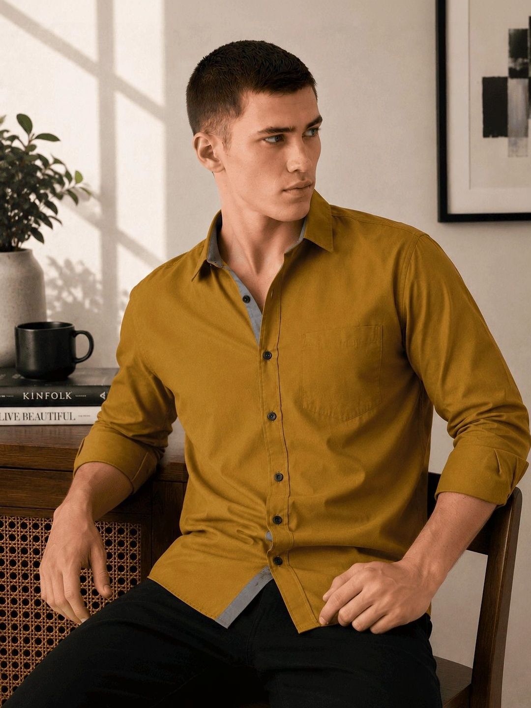 AGNIVAR COLLECTION Men Comfort Spread Collar Roll-Up Sleeves Slim Fit Cotton Shirt