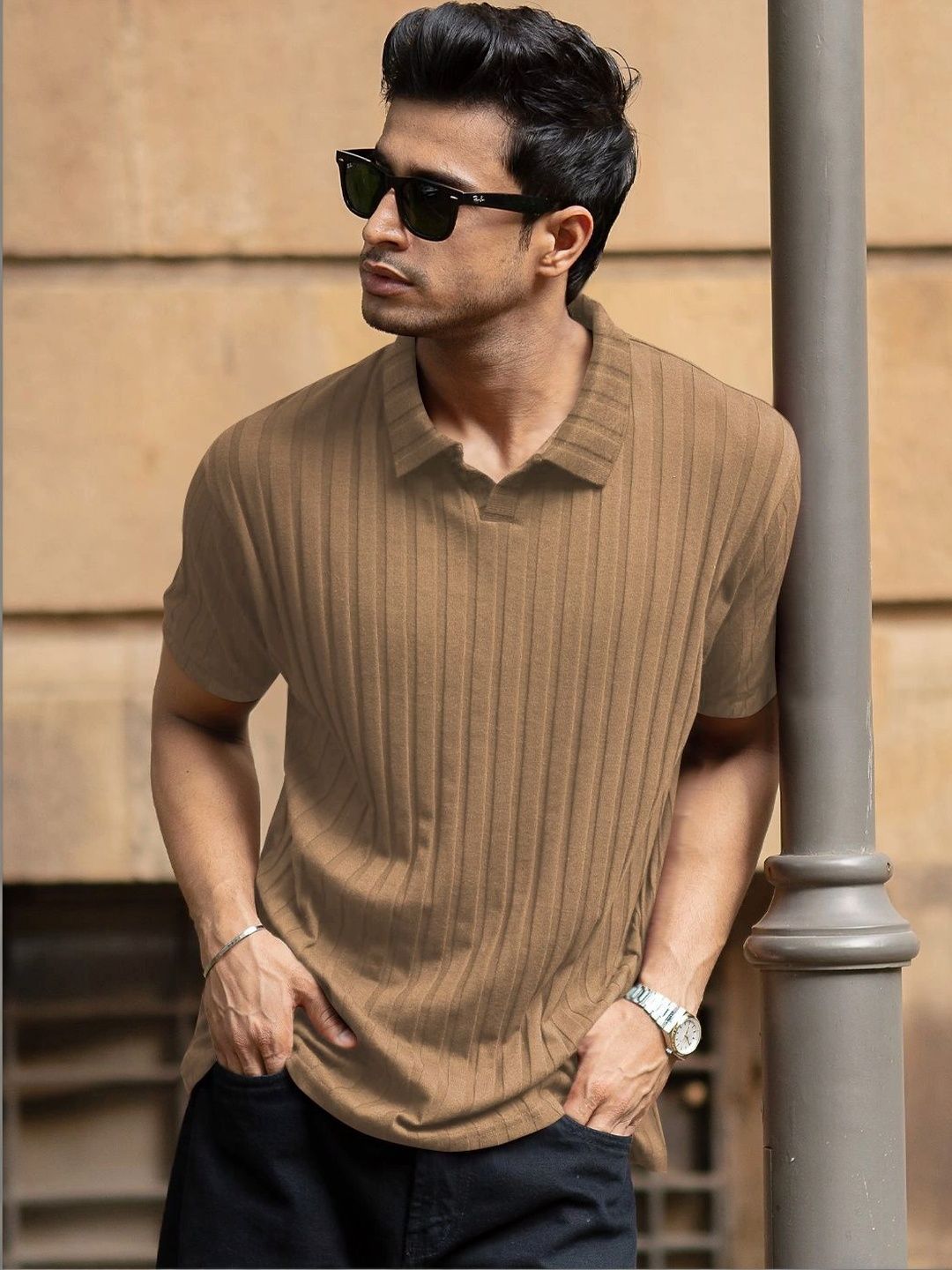 Moda Rapido Self Design Polo Collar Short Sleeves Regular Fit Polyester T-shirt