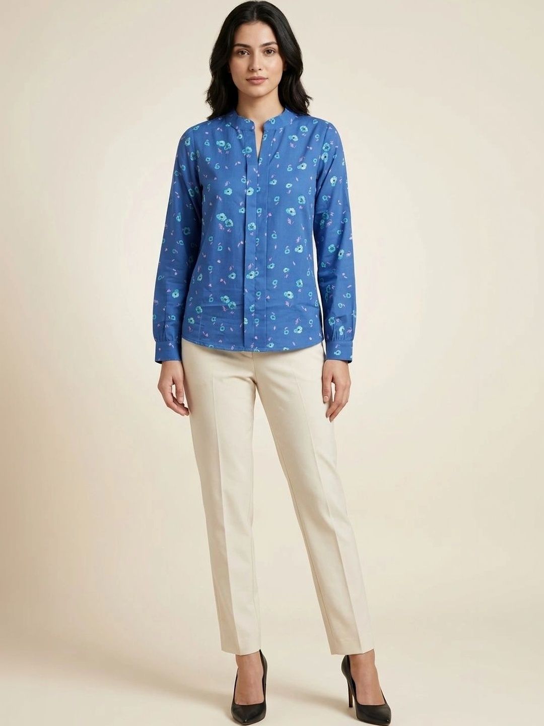 Neon Femme Floral Print Mandarin Collar Top