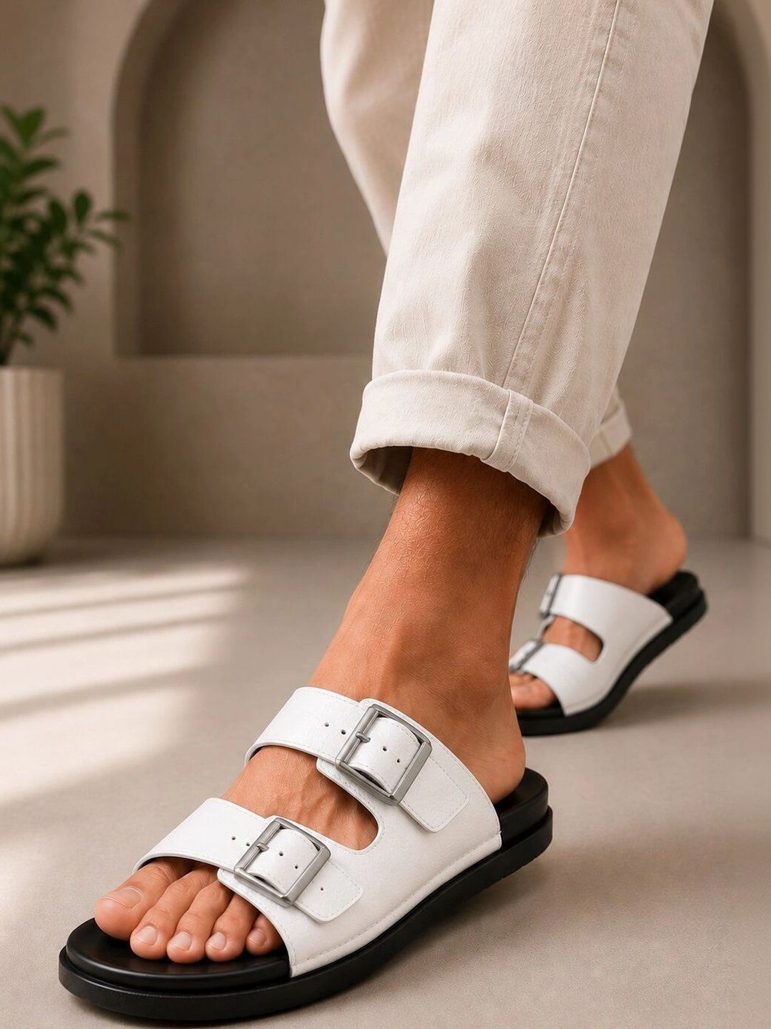 House Of Pataudi Men White Solid Slip On Lightweight Sandals With Buckle