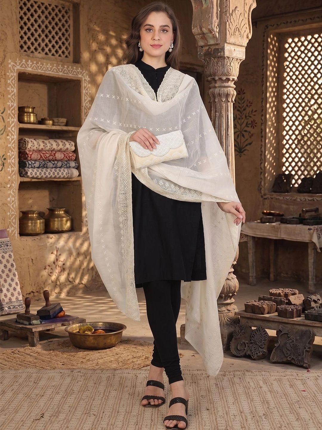 LOOM LEGACY Ethnic Motifs Embroidered Cotton Silk Dupatta with Chikankari