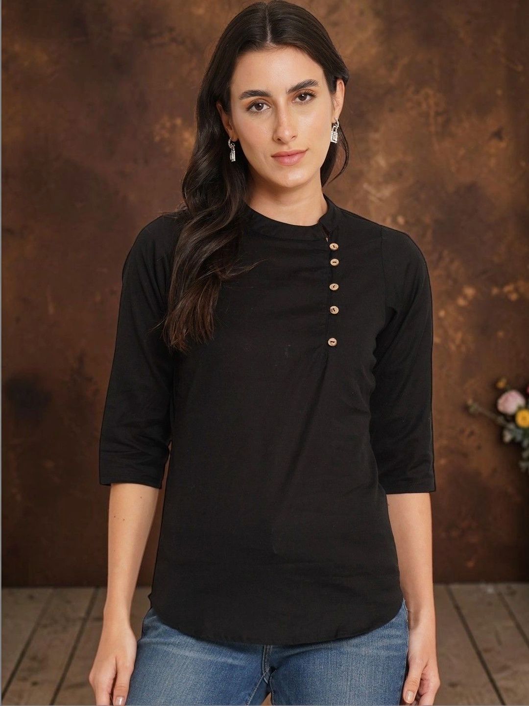 Moda Rapido x Brownverse Mandarin Collar Cotton Blend Top