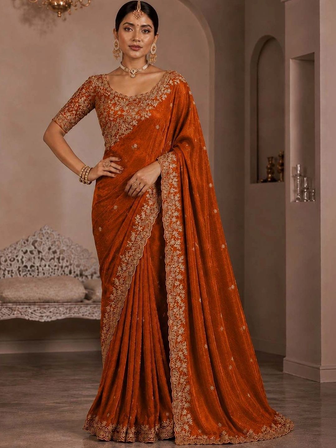 HERE&NOW Paisley Embroidered Satin Designer Saree