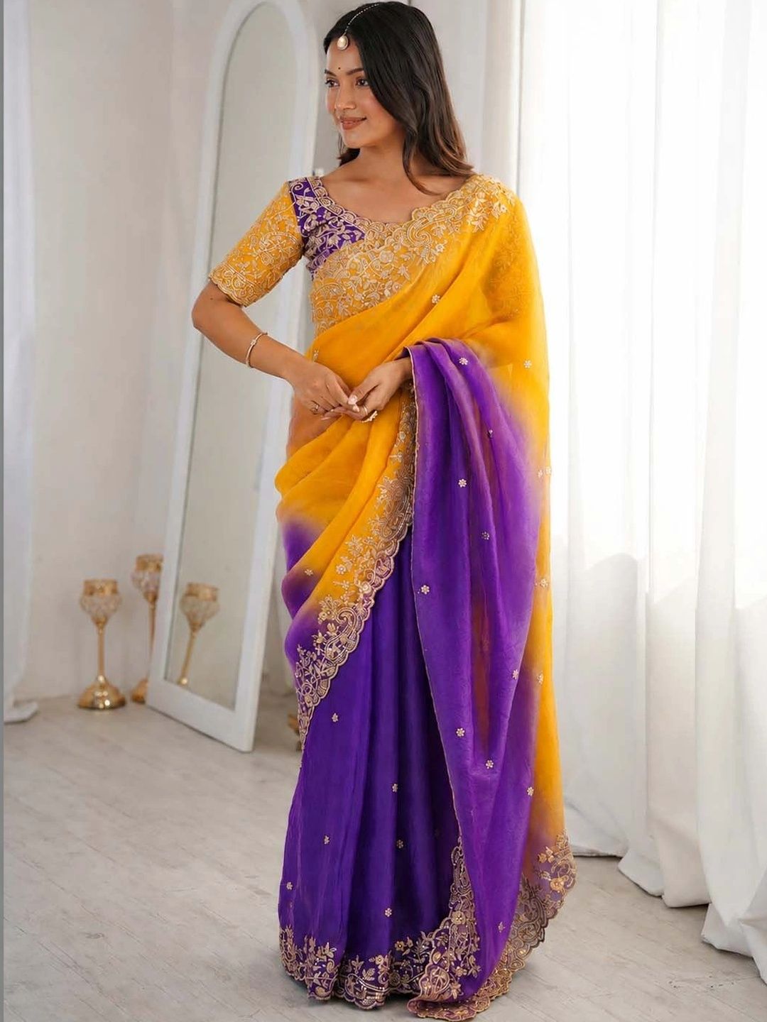 HERE&NOW Floral Zari Satin Designer Saree