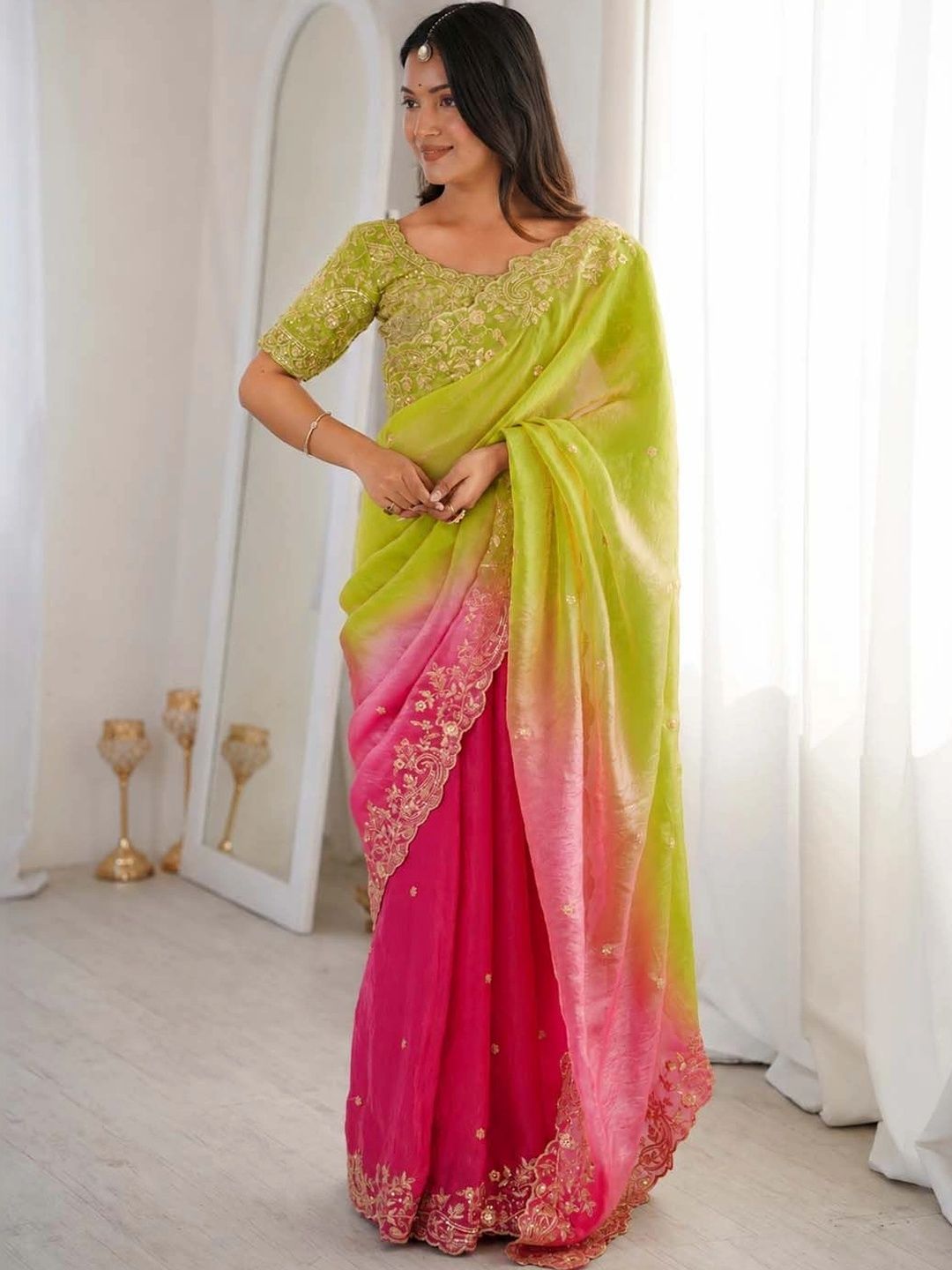 HERE&NOW Ombre Embroidered Satin Designer Saree