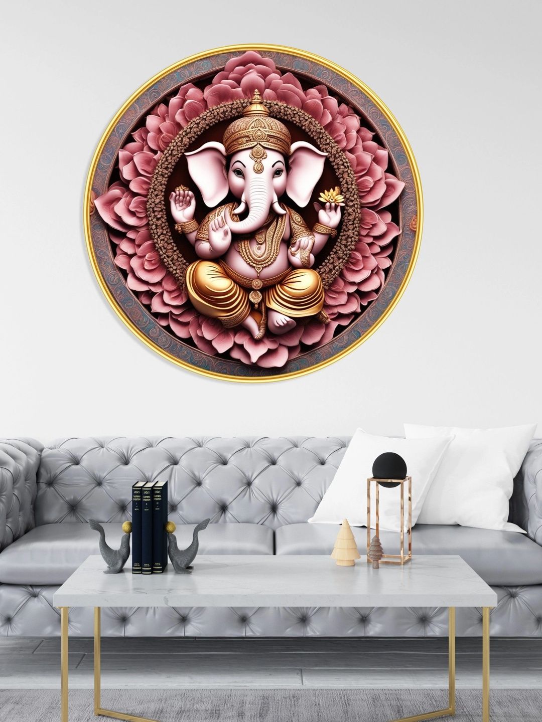 Aura Aura Pink & White Abstract Religious Round MDF Lord Ganesha Painting Wall Art