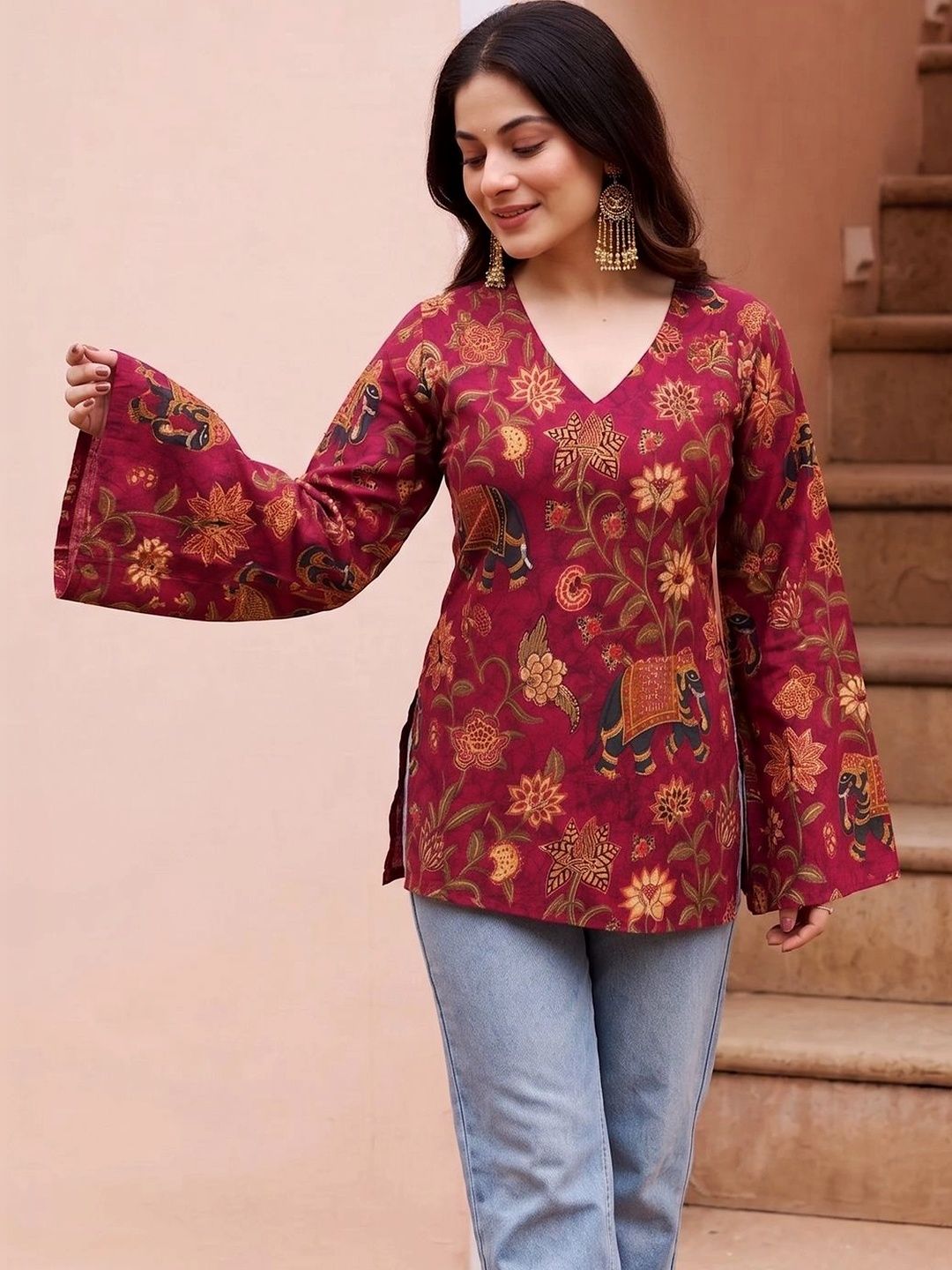 Anouk Rustic Floral Printed V-Neck Flared Sleeves Kurti