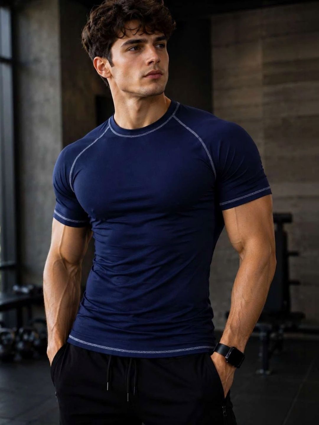 HUSTLEWELL Men Compression Round Neck T-shirt